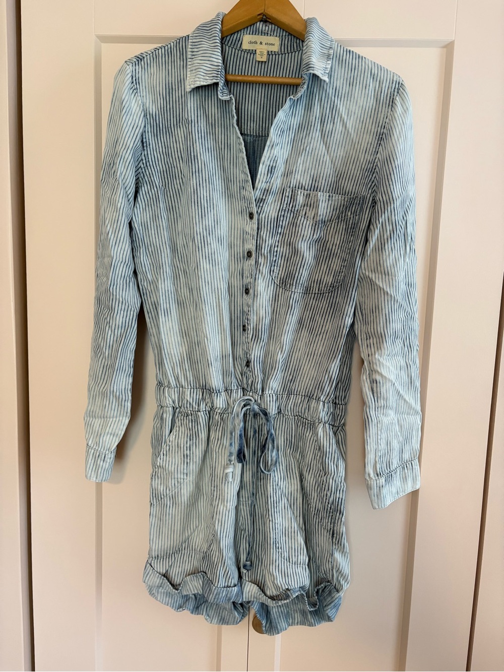 cloth & stone Anthropologie Blue and White Striped Button Romper with Drawstring